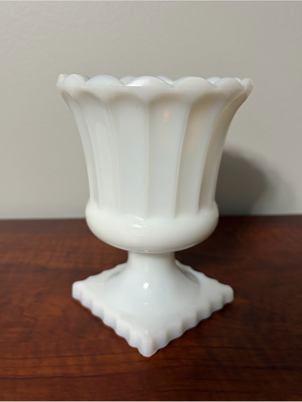 White Milk Glass Scalloped Pedestal Vase - Picture 2 of 8